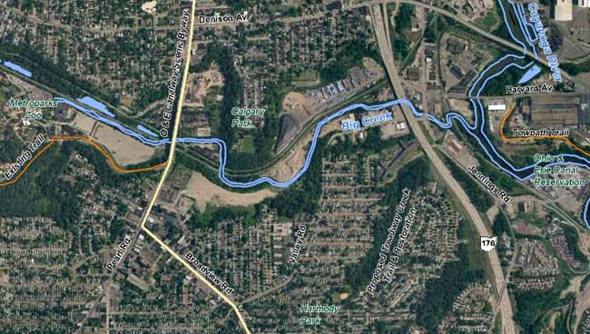 Aerial: Big Creek from Metroparks Zoo east to Cuyahoga River